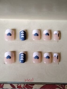 Nude Pink Press-On Nails with Navy Heart Accent